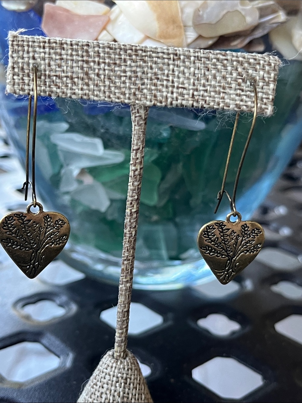 Heart Tree Dangle Earrings - Antique Gold Tone